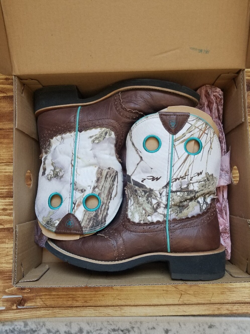 Ariat Fatbaby Camo Western Boots Brown Teal Leather Cowgirl 9.5 B 10009503 Boxed - Picture 4 of 16